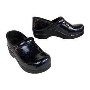 DANSKO Blue Black Iridescent Floral Patent Leather Clogs Comfort Women's 38